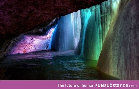 Behind a frozen waterfall