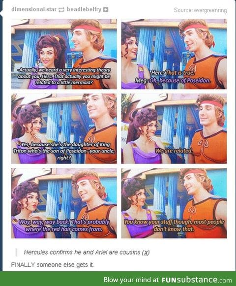 Hercules and Meg talking about how Herc is indeed related to Ariel.