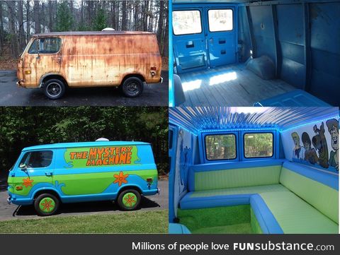 An old rusty van turned into the Mystery Machine