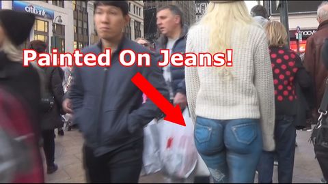 Girl walks around with her body painted jeans (nsfw)