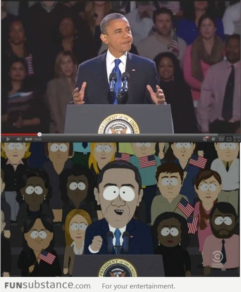 South Park nailed Obama's victory speech, even the crowd!