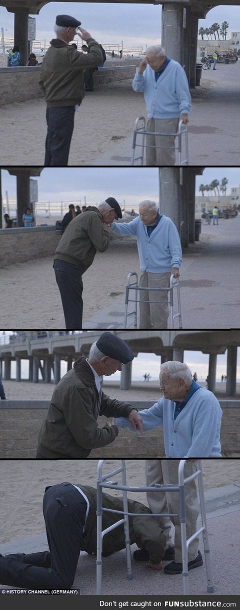 This Holocaust Survivor salutes a US Soldier who liberated him from a Concentration Camp.