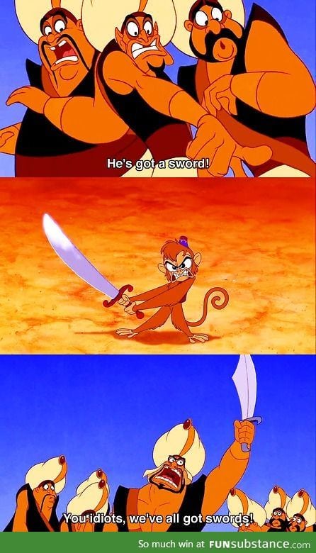 Who would win in a fight? A monkey with a sword? Or seven guards (who also have swords)?