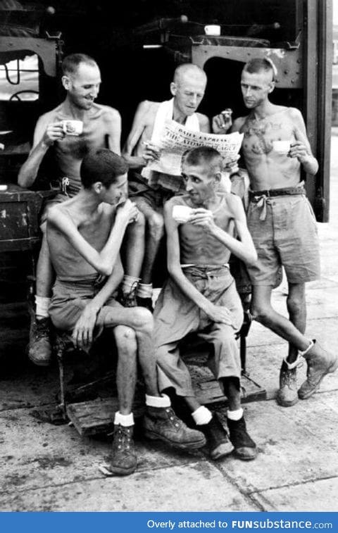 British soldiers liberated from a Japanese POW camp in Sumatra