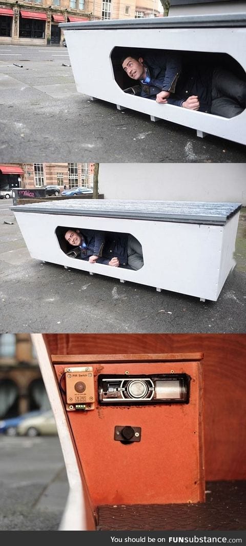 bed for the homeless complete with solar panel to power radio, light, phone