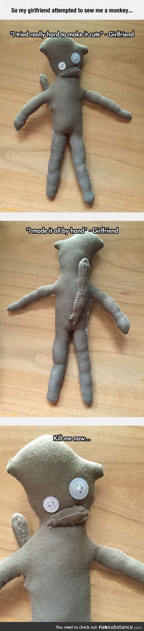 Girlfriend attempts to sew a monkey