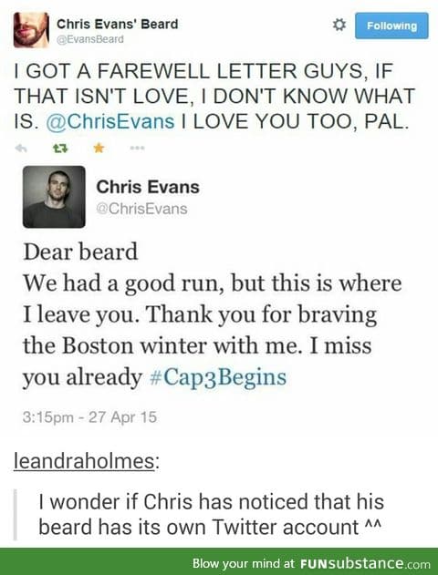 Omg....Chris Evans' Beard has a Twitter account...I'm so done....