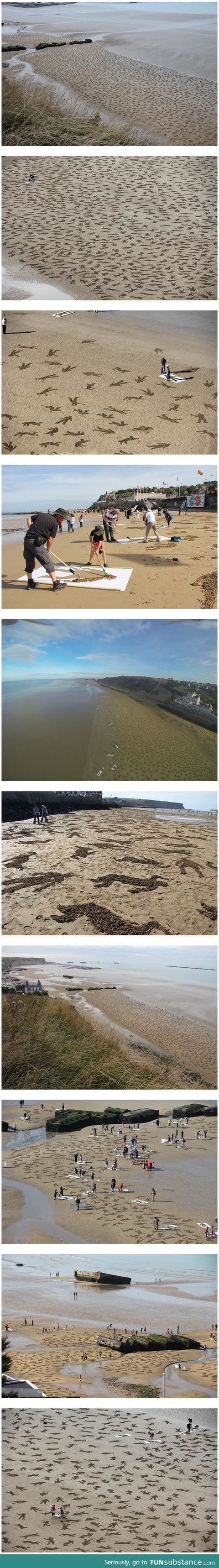 9,000 fallen soldiers etched into the sand on Normandy beach to commemorate peace day