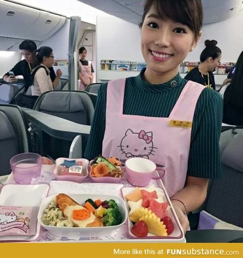 Here have a hello Kitty breakfast, on a hello kitty plane, from a hello kitty stewardess