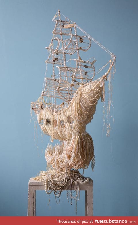 pirate ship made out of old pearl necklaces