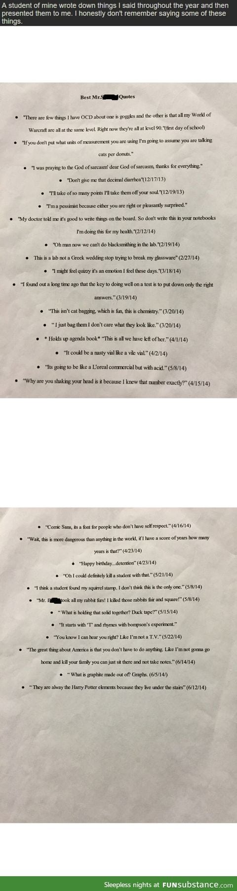Student collects witty quotes by teacher
