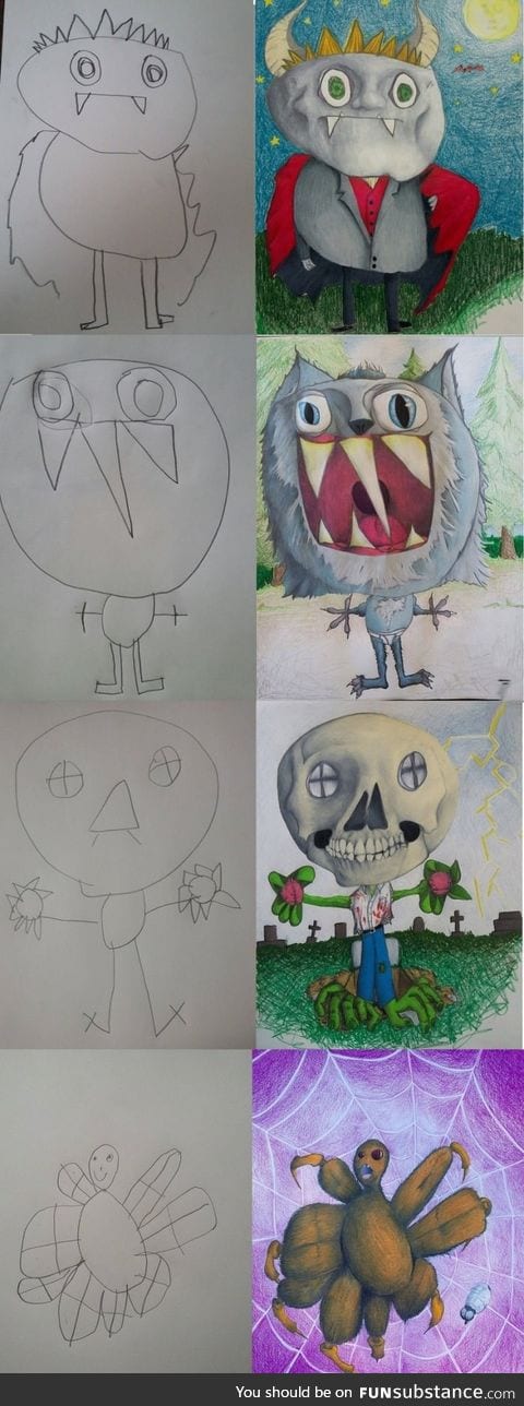 The son starts the drawing, the dad finishs it