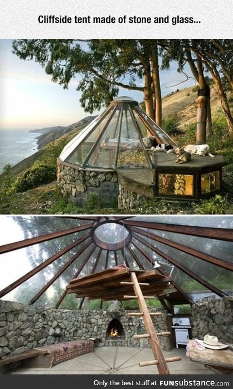 Tent by the Cliffside made of stone and glass