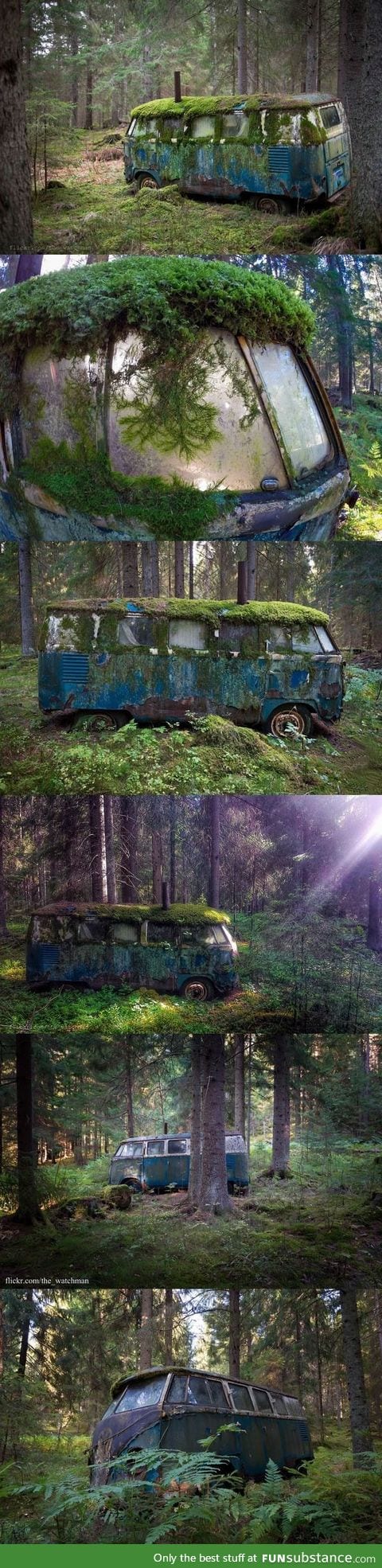 Abandoned VW bus that was once someone's home, deep in the forests of Norway