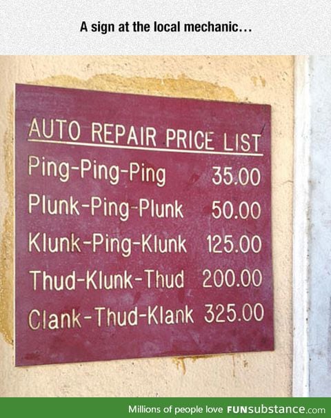 Auto repair price list