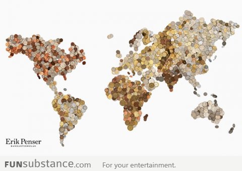 World Map Made Of 3,000 Coins