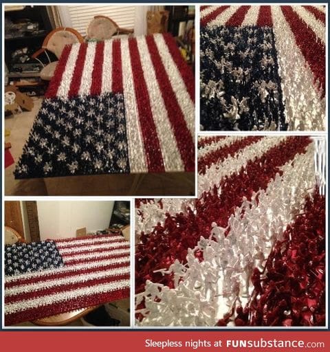 American flag made out of over 4,000 spray painted toy soldiers