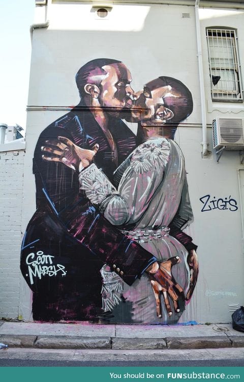 20 ft tall graffiti mural of Kanye west kissing himself