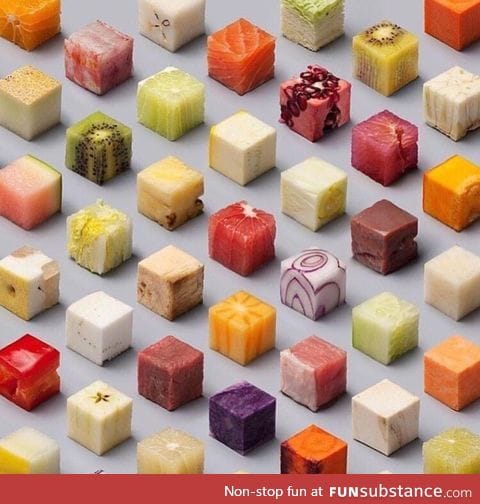 Various foods cut in to perfect cubes