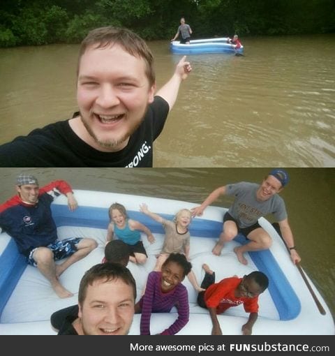It flooded in Houston, Texas and these guys were rowing an inflatable pool