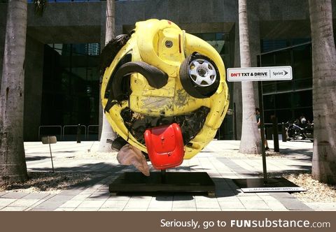 Rudolf Kohn, transformed a mangled car into an emoji as an anti texting while driving