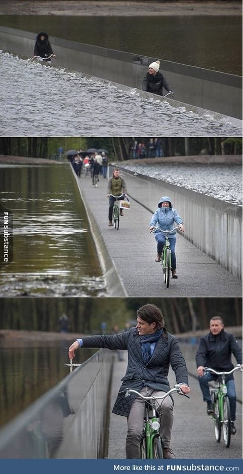 This bicycle path in Belgium goes through a pond