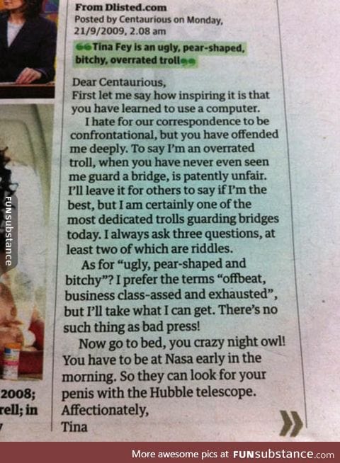 Tina fey perfectly responds to a hater