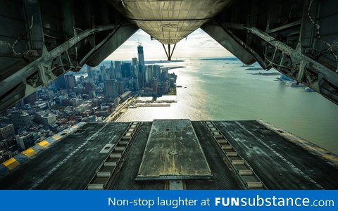 The unique view of New York City from the back of an aircraft