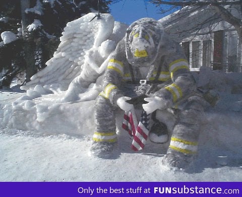 Beautiful Snow Angel consoling a snow firefighter