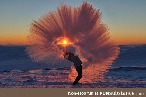 A thermos of hot tea hurled into the air at -40 degrees Celsius near the Arctic Circle
