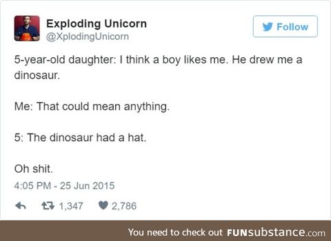 You know it's serious when he draws a dinosaur with a hat