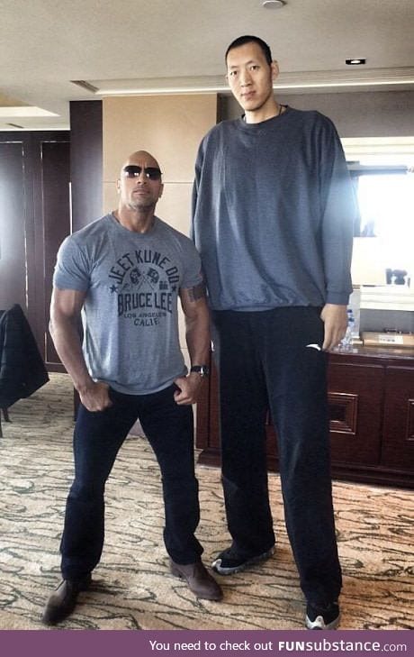 The rock (1.96 m) looks pretty small compared with basketball player Sun Ming Ming (2.36m)