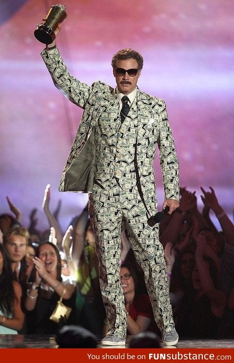 Will Ferrell wearing a money suit