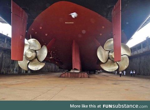 Aircraft carrier propellers with humans for scale