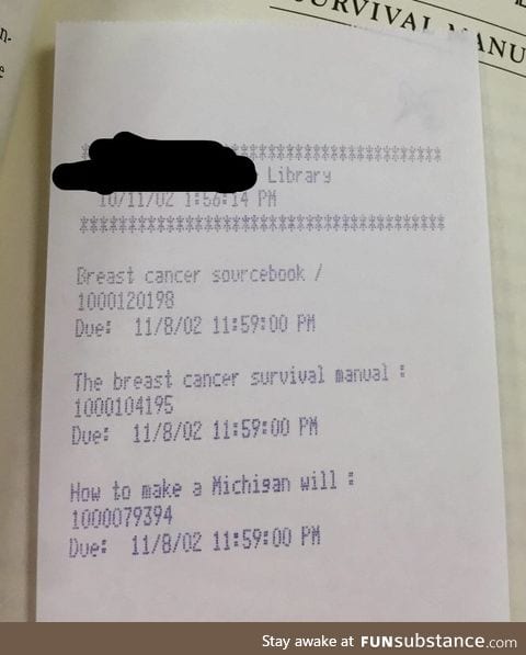A short, sad story on a library book receipt