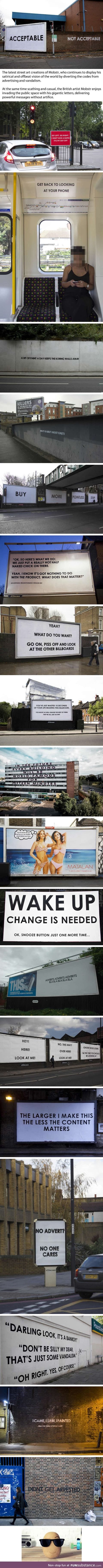 Street artist mobstr creates an awesome collection of sarcastic art pieces across the uk