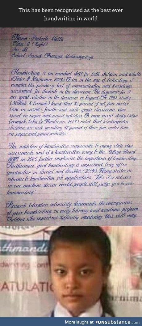 The handwriting of Prakriti malla, the class VIII student from Nepal