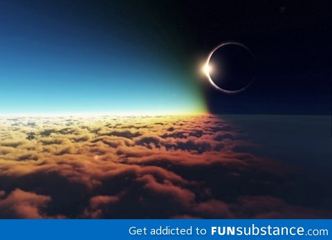 A solar eclipse from above the clouds