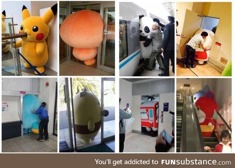 Japanese mascots getting stuck in things