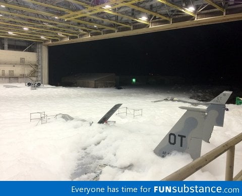 The fire suppression accidentally went off and submerged these planes in foam