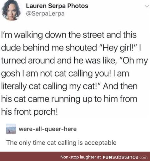 The only time cat calling is ok is when you are actually calling out to your cat