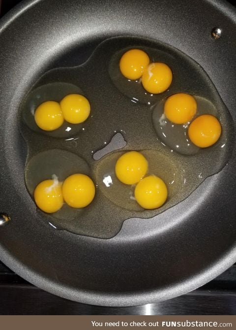 Someone just cracked five eggs into this pan