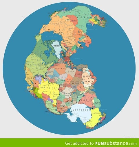 Map of Pangea with current international borders