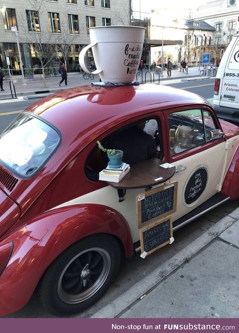 This guy runs a coffee shop out of a Beetle