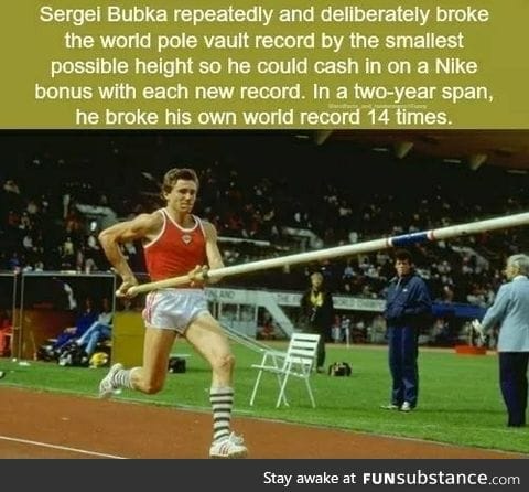 Segei Bubka was so good at pole vault that he broke his record 14 times