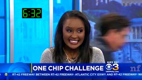 Anchorwoman embarrasses her male co-anchor in the One Chip Challenge