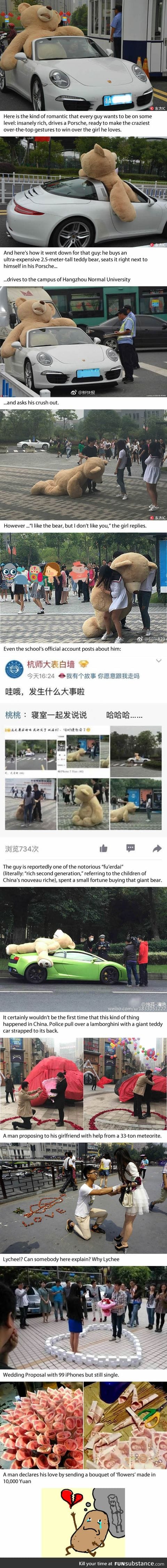 Rich Dude In Porsche Tries To Win Girl's Heart With A Gigantic Teddy Bear But...