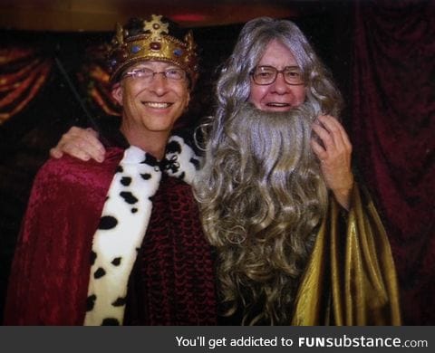 Bill Gates and Warren Buffett at a Camelot themed party