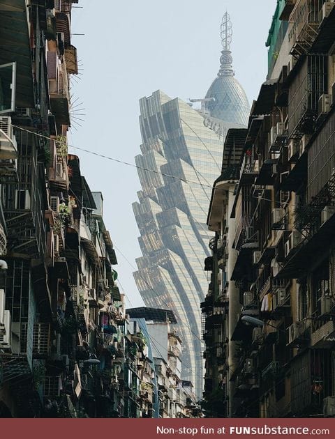 Grand Lisboa Hotel viewed from the alleys of Macao