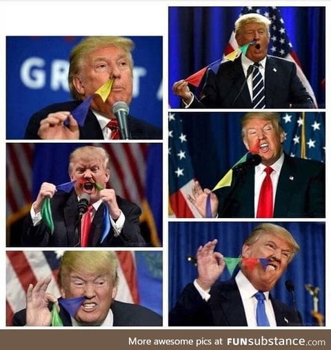 Someone photoshopped Donald Trump pulling colored flags out of his nose